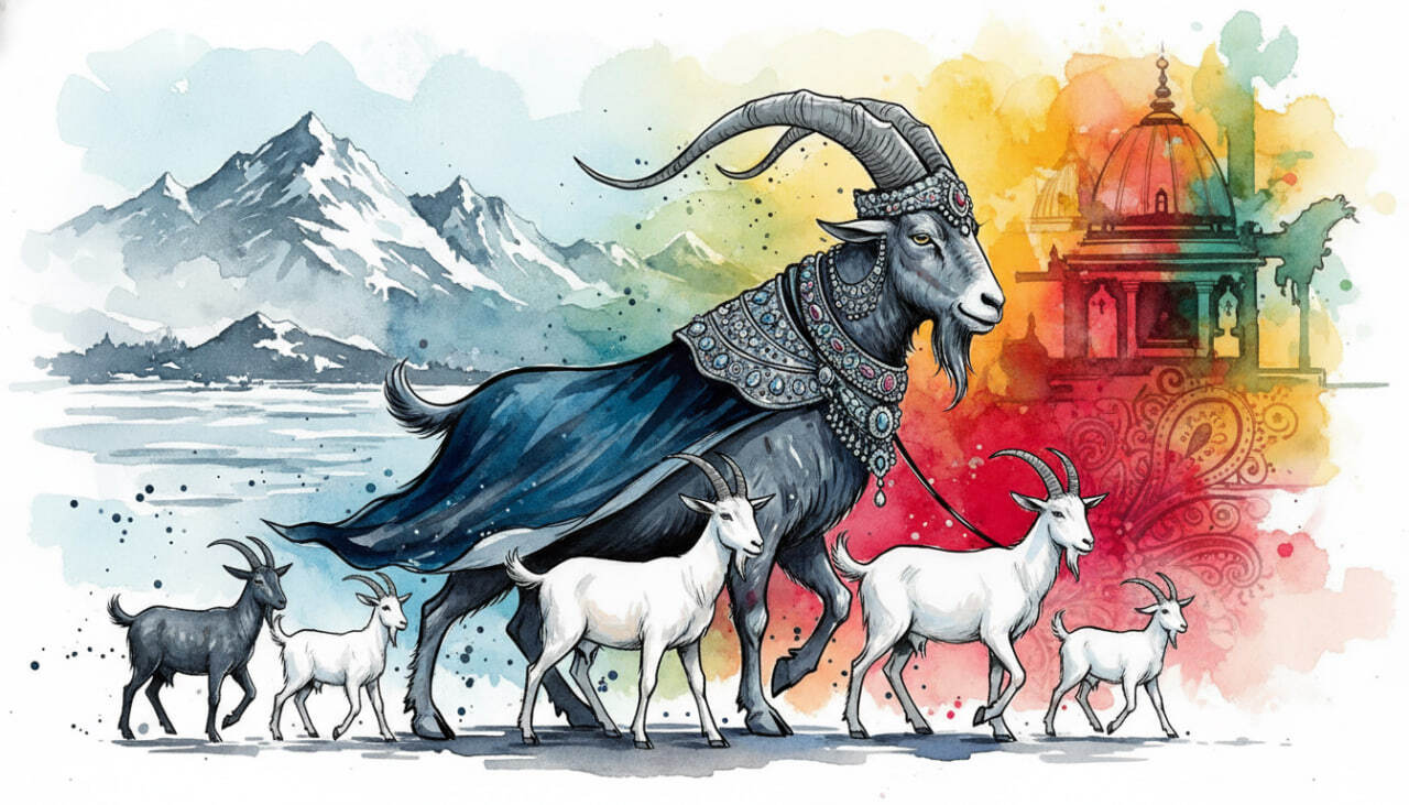 Акварельная иллюстрация козла в индийском убранстве и стада коз на фоне гор и храма