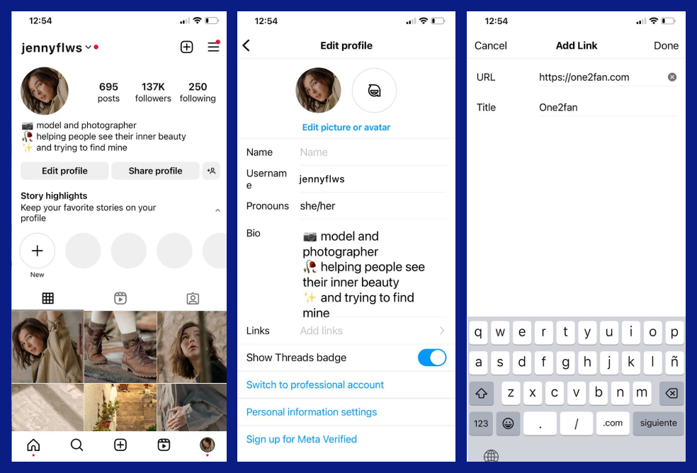 Three screenshots from the Instagram app show the steps you need to follow to add a link to your profile. The first screenshot shows a regular user profile, in which you need to find the “Edit Profile” button. The second screenshot shows the settings, which include the