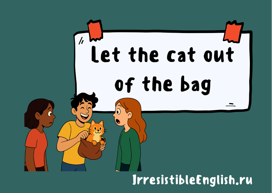 Иллюстрация трёх людей. Парень в жёлтой футболке держит сумку, из которой выглядывает кот, и улыбается. Девушка напротив него выглядит удивлённой, а рядом стоит ещё одна девушка, наблюдающая за ситуацией. На фоне большой белый плакат с надписью «Let the cat out of the bag».