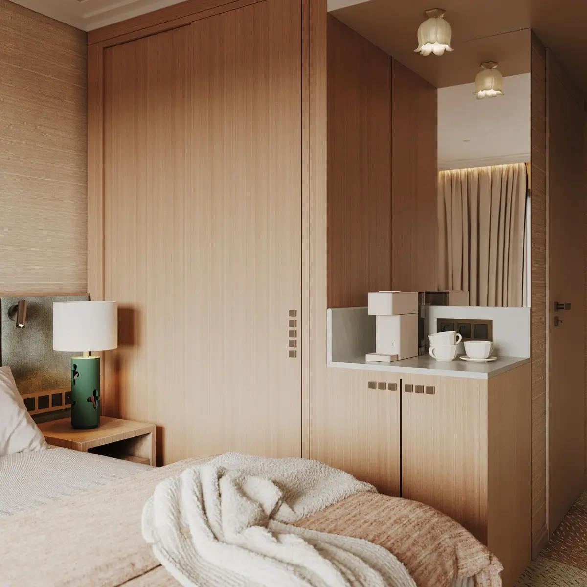 Визуализация VOLNA Resort: фрагмент спальни со встроенной мебелью и зоной для напитков