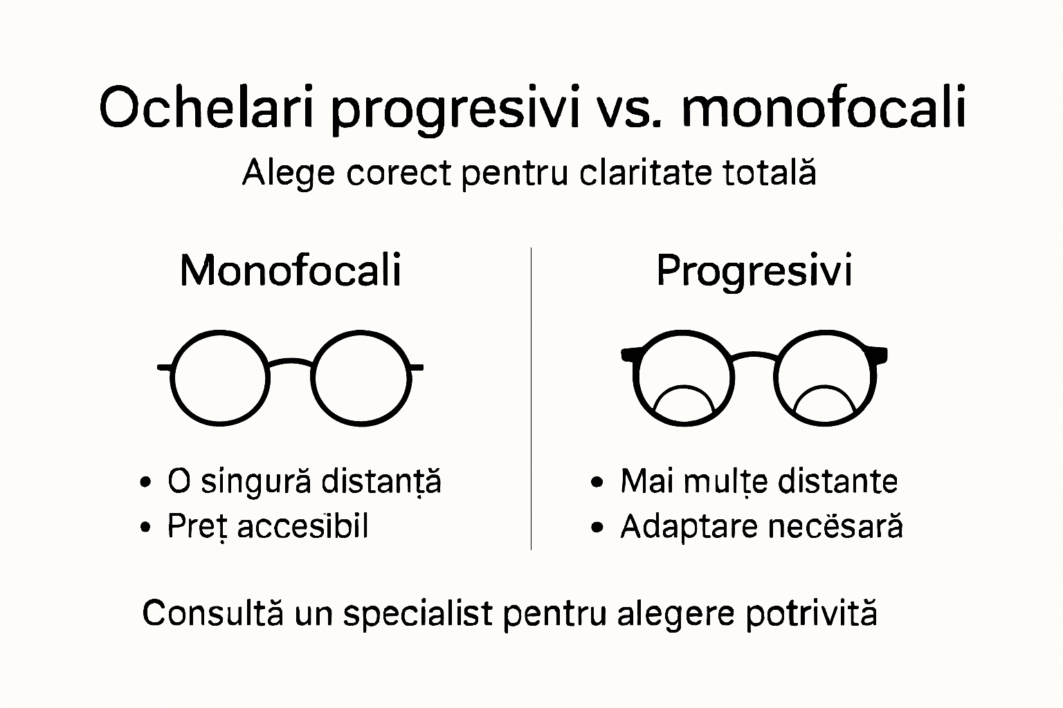 Infografic: ochelari progresivi comparați cu monofocali