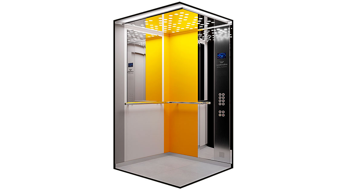 Лифт пассажирский Wellmaks Pragmatic color комфорт-класса с отделкой из деревянных текстур и металлических вставок для административных и жилых зданий