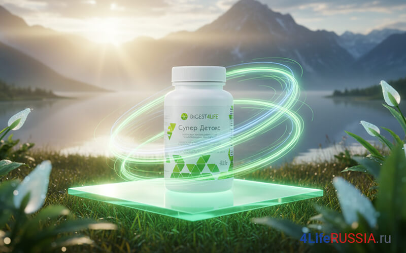 4Life Transfer Factor Super Detox — банка «Супер Детокс» на светящейся платформе у горного озера