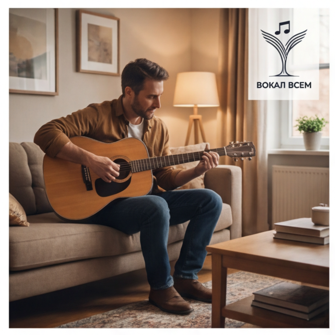 Взрослый играет на гитаре после работы в школе Вокал Всем