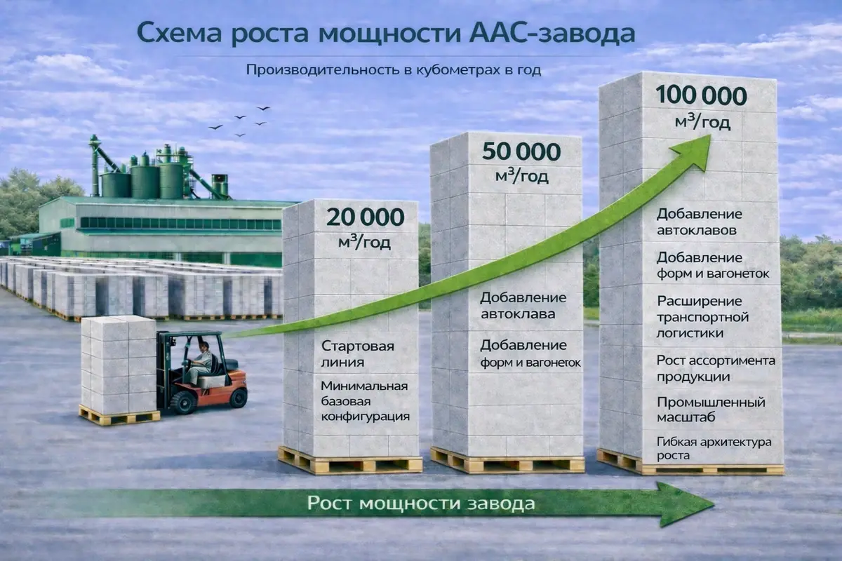 Схема роста мощности AAC-завода: поэтапное масштабирование производства автоклавного газобетона от 20 000 до 100 000 м³/год с добавлением автоклавов, форм, вагонеток и расширением транспортной логистики.