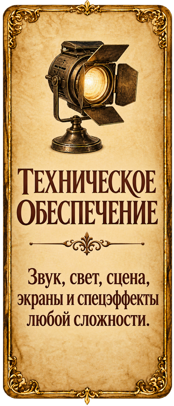 Техническое обеспечение. Звук, свет, сцена, экраны и спецэффекты любой сложности.