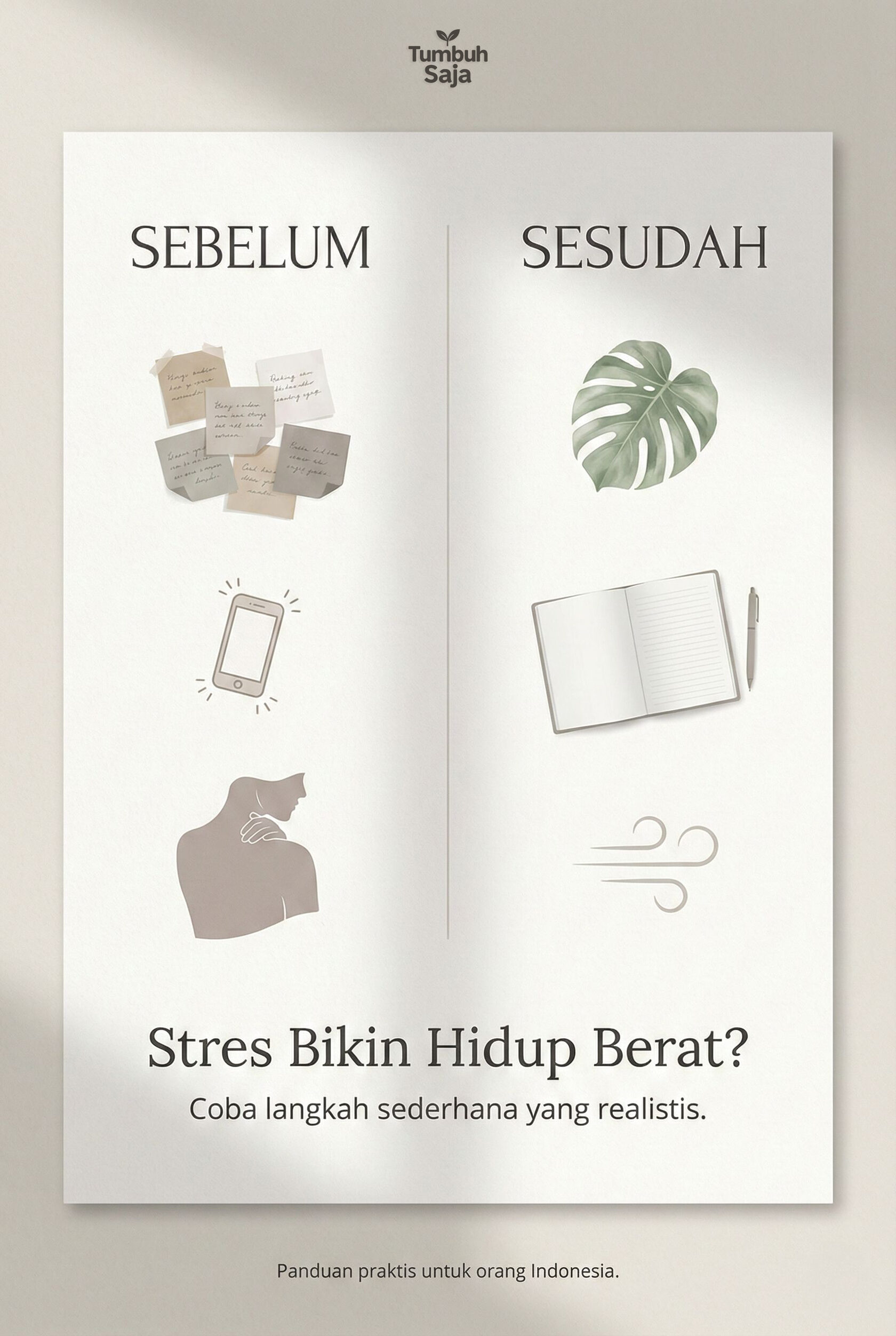 Poster sebelum dan sesudah kebiasaan stres dengan langkah sederhana untuk hidup yang lebih ringan dan fokus