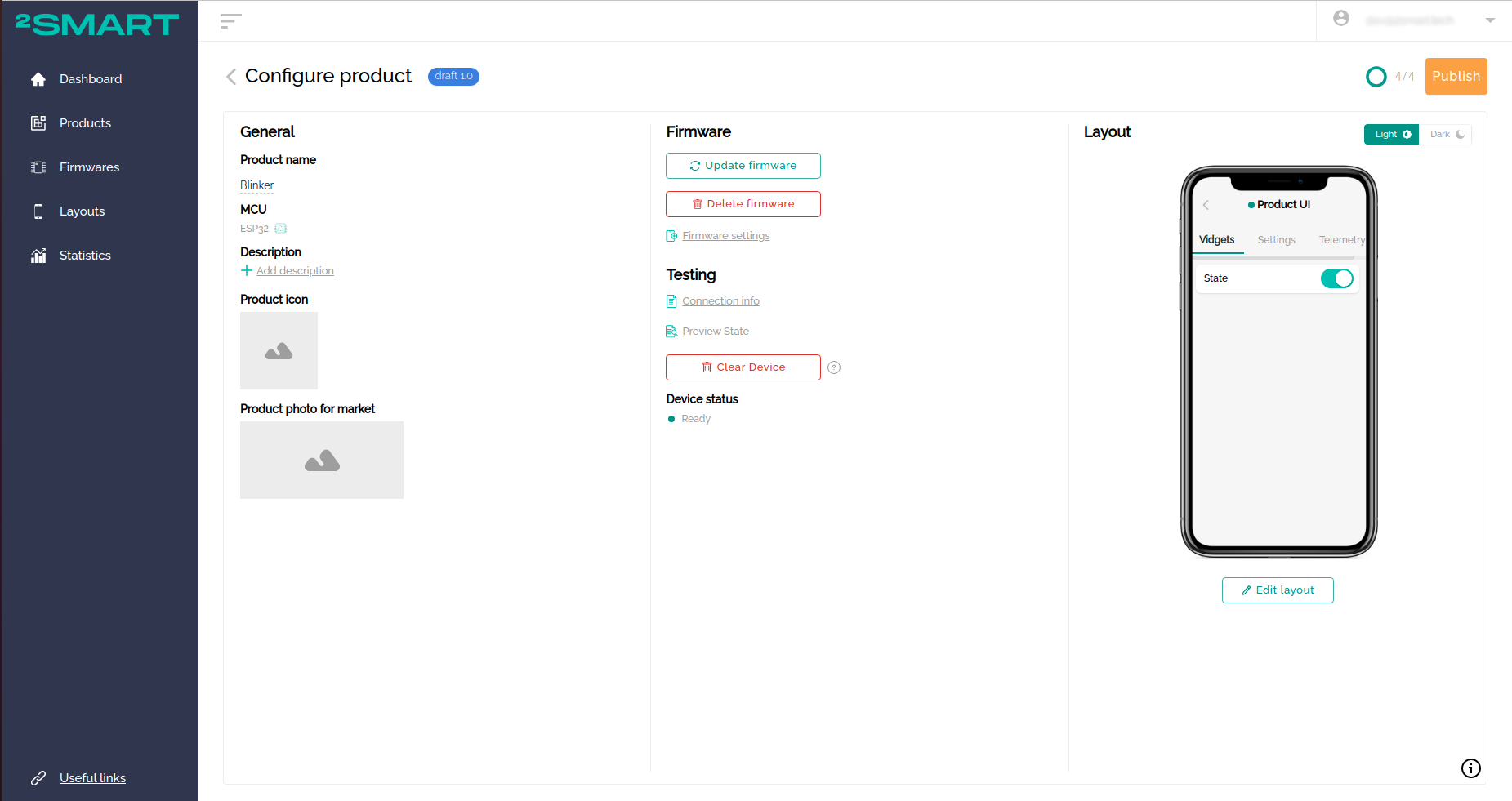 Product page with device status – Ready