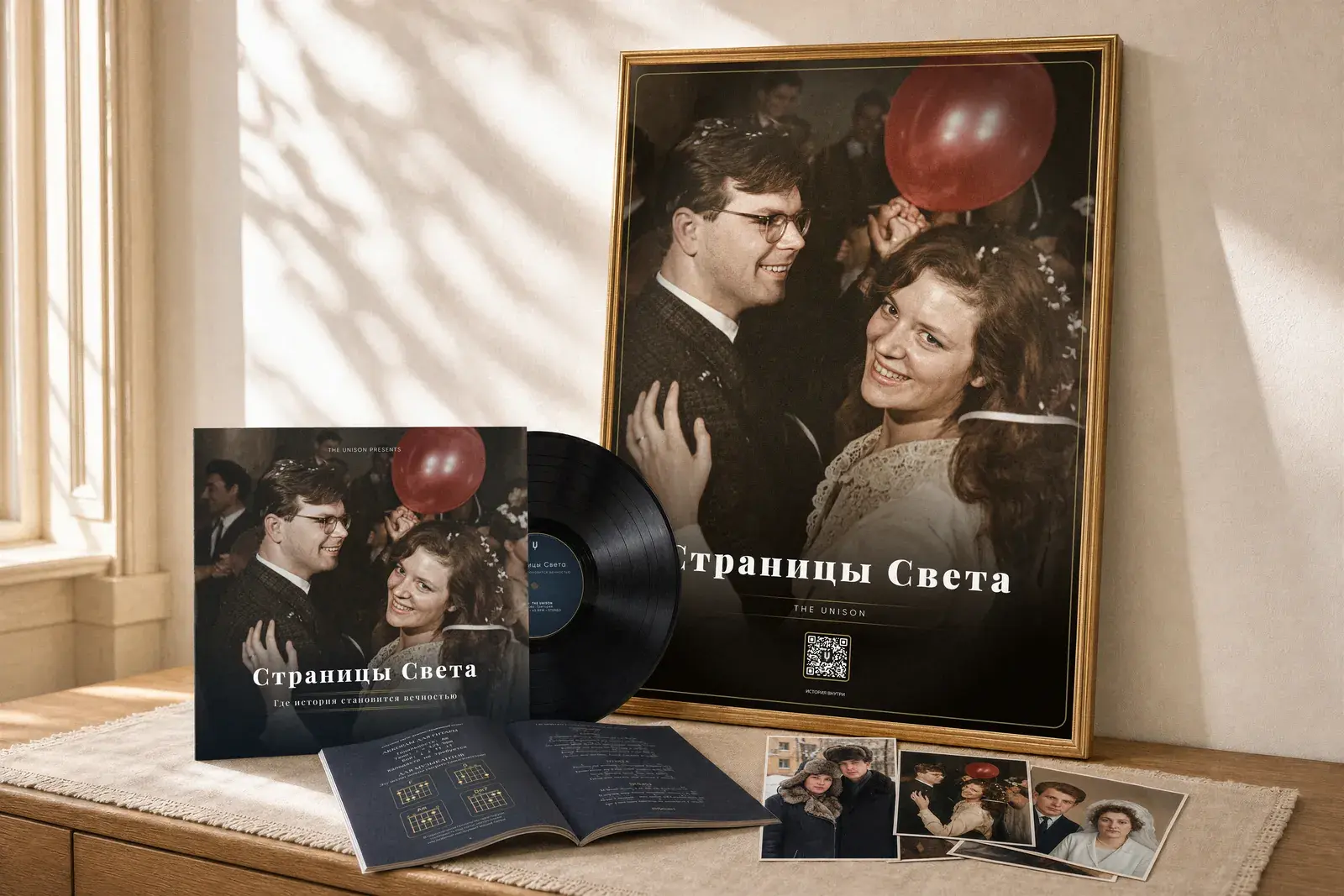 Издание «Страницы Света» дома: постер в раме на комоде, рядом либретто и печатные фотографии