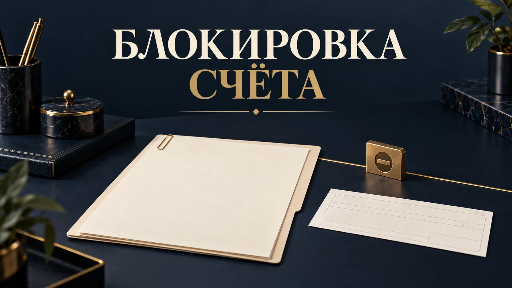 Концептуальная обложка о проверке налогового ограничения счёта: решение ФНС, банковские платёжные документы и папка на тёмно-синем столе