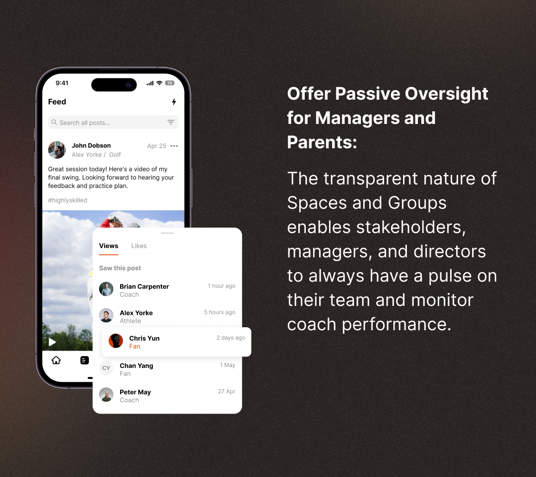 offer passive oversight for managers and parents, transparent nature of spaces and groups enable stakeholders to always have a pulse on their team