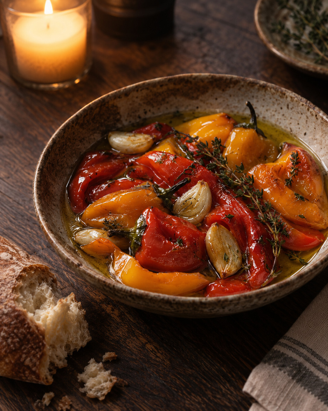Sweet pepper confit: red, orange and yellow peppers, silky in olive oil with garlic and thyme, in a ceramic bowl with bread, by Miami private chef Marina Staver