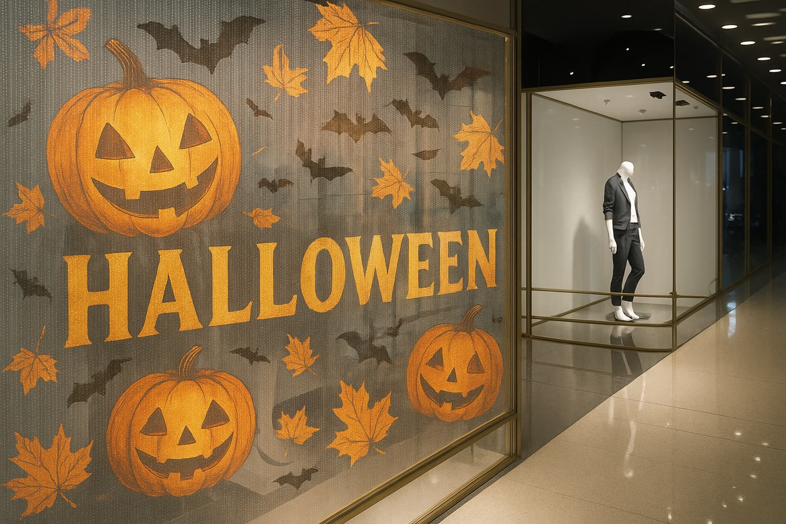 Современное оформление витрины на Хэллоуин с LED-плёнкой и динамическим контентом