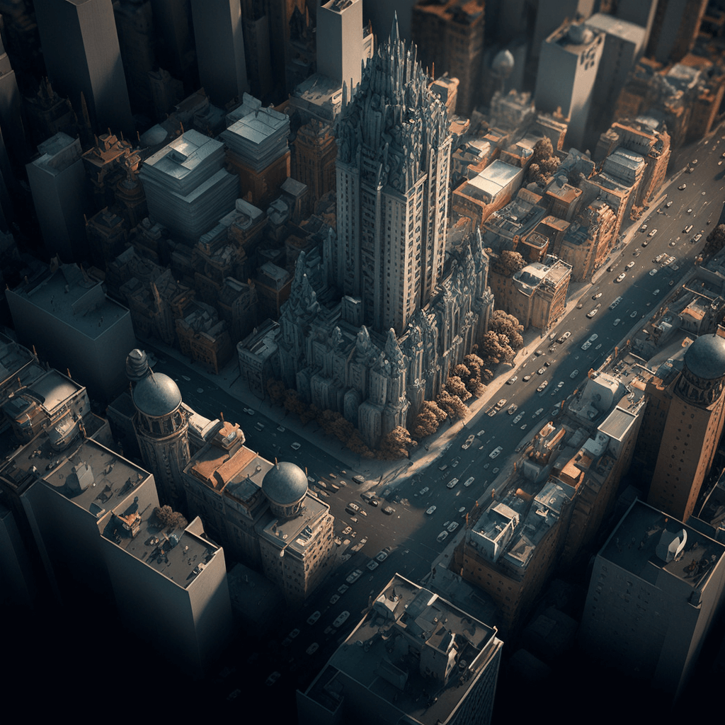 A breathtaking aerial view of a sprawling cityscape, rendered with V-Ray and SketchUp