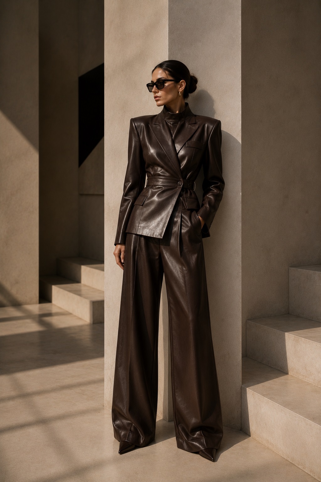 Leather Sculpt Set by ELARÉ Atelier. Sculptural leather tailoring with architectural lines and modern sophistication.