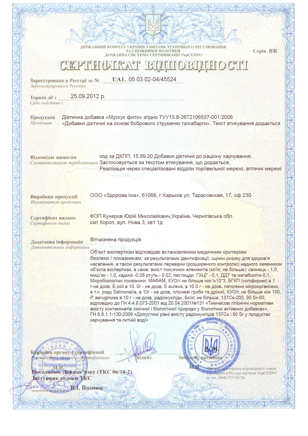 Мускус фито сертификат