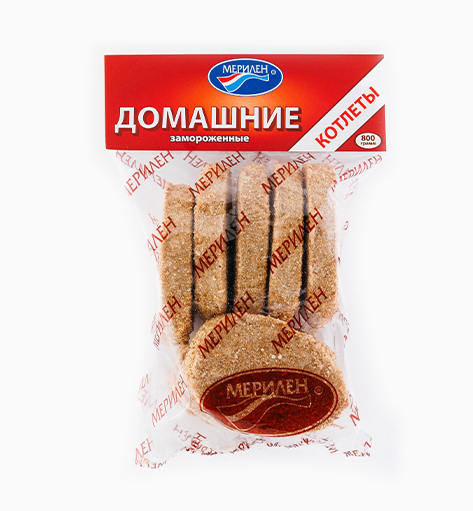 Котлеты «Домашние» от производителя Мерилен — замороженные полуфабрикаты, мясные котлеты из свинины и говядины. Упаковка: 800 гр.