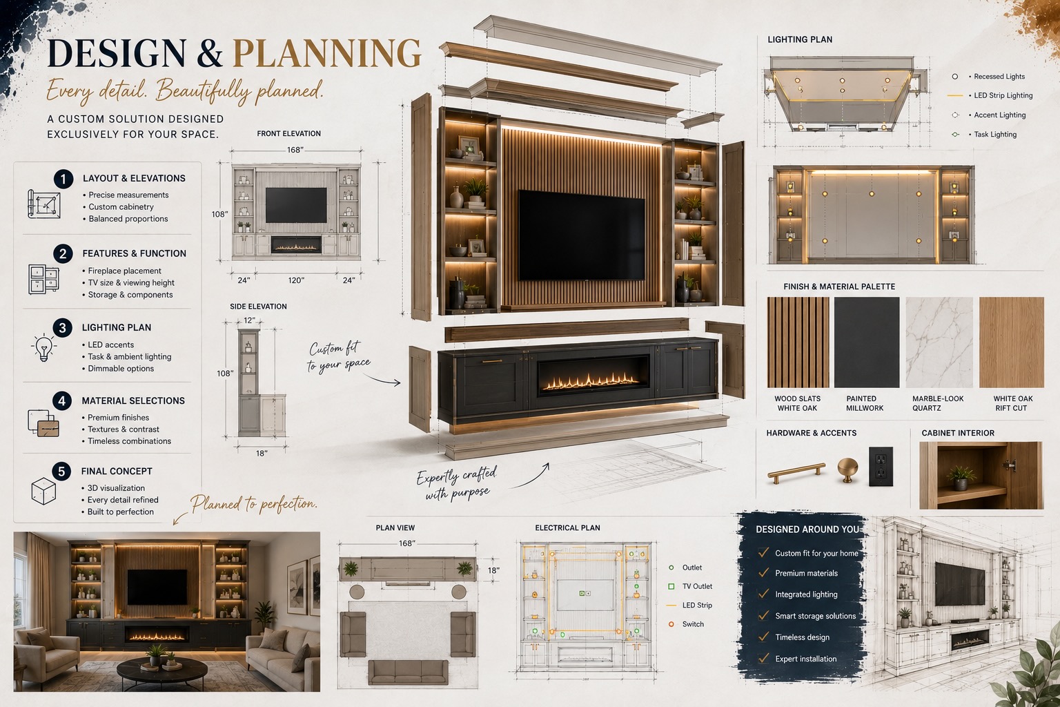 Architectural planning board for a custom media wall featuring exploded cabinet elevations, fireplace layouts, lighting plans, blueprint overlays, premium material samples, and detailed design drawings for a Houston home.