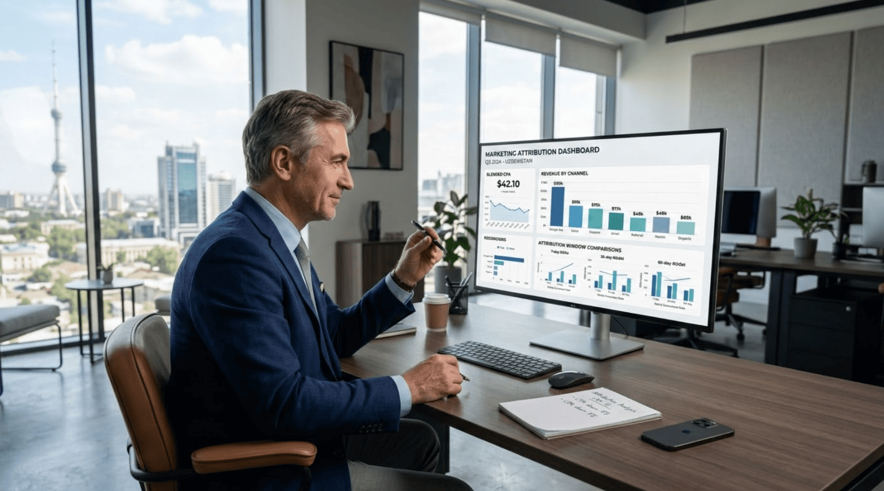 A CMO in Tashkent reviews a unified attribution dashboard showing blended CPA and revenue-by-channel metrics — the foundation for fixing attribution blindness in digital advertising.