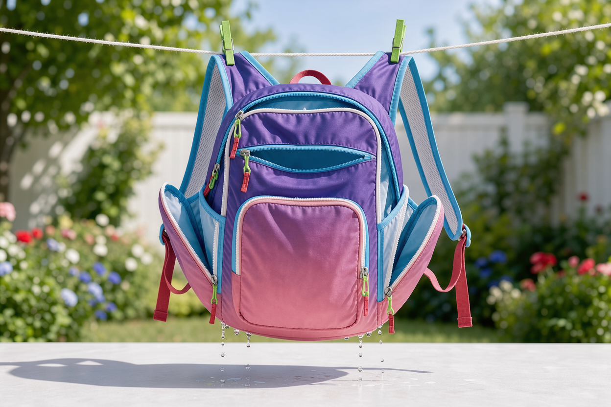 Backpack drying upside down on a clothesline outdoors with all compartments open and natural airflow, no visible detergent containers or brand names