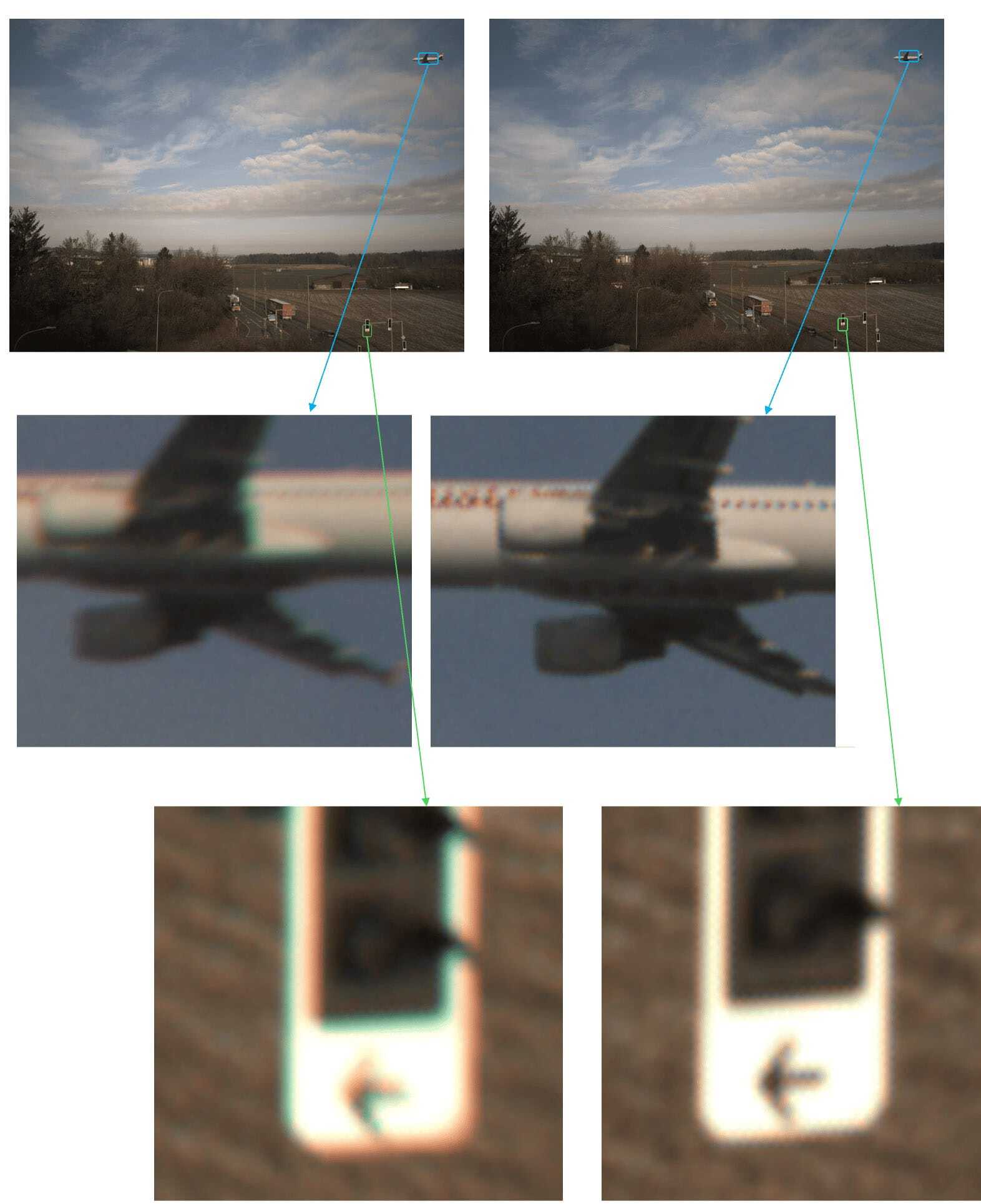 ”Before” and “After”: Compare the zoomed fragments. You see the color aberrations in the left images (taken by a COTS camera) – strange green and orange reflections. And the dramatic difference in the sharpness: we can even see the windows of the airplane in the right image (taken by the custom VCU)!