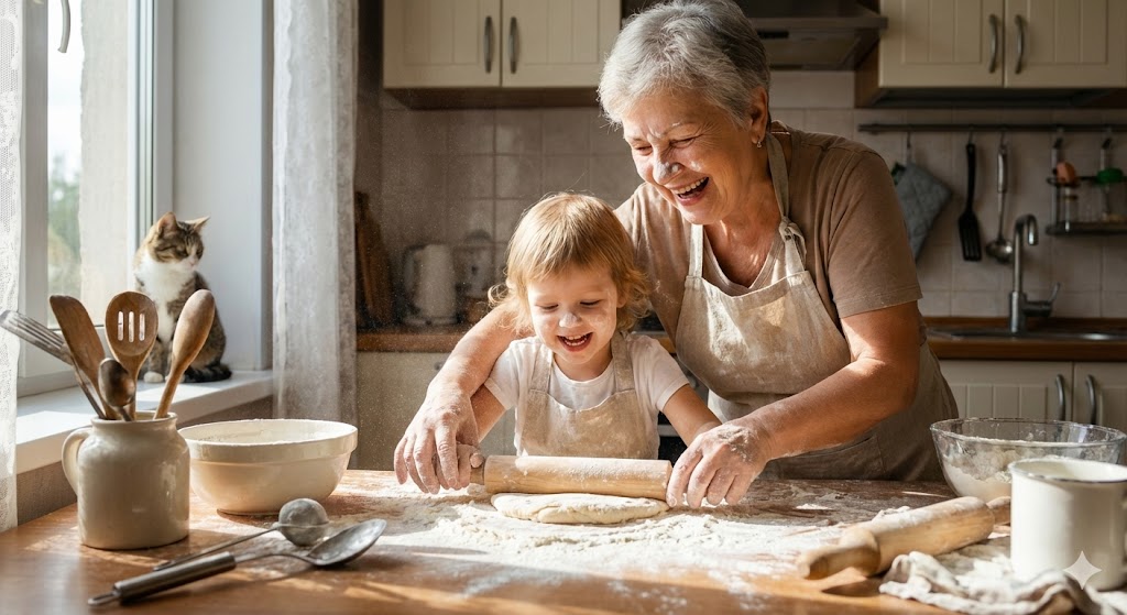 Бабушка учит внучку готовить тесто на День пирога 23 января