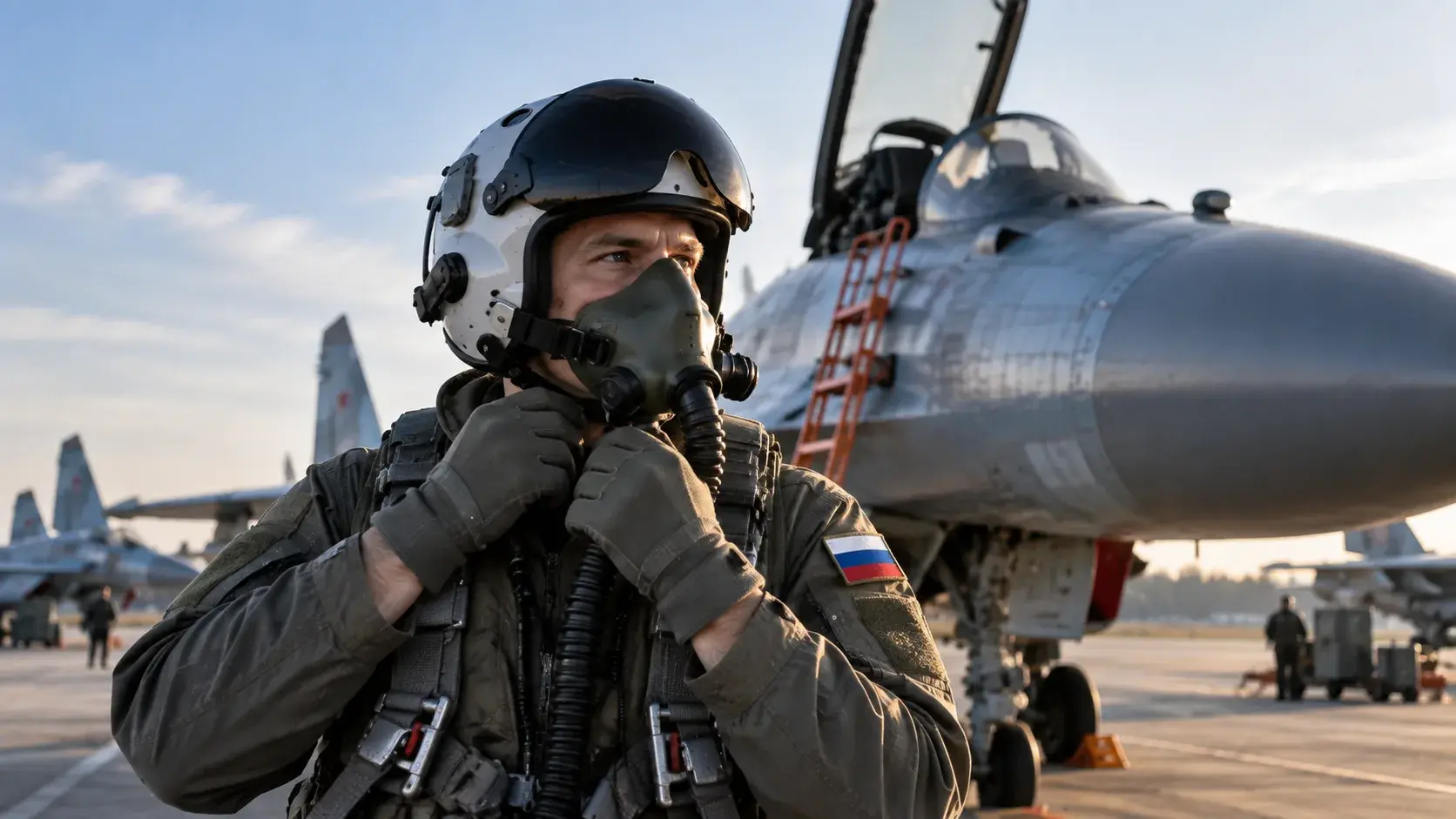 Военный летчик на аэродроме рядом с самолетом