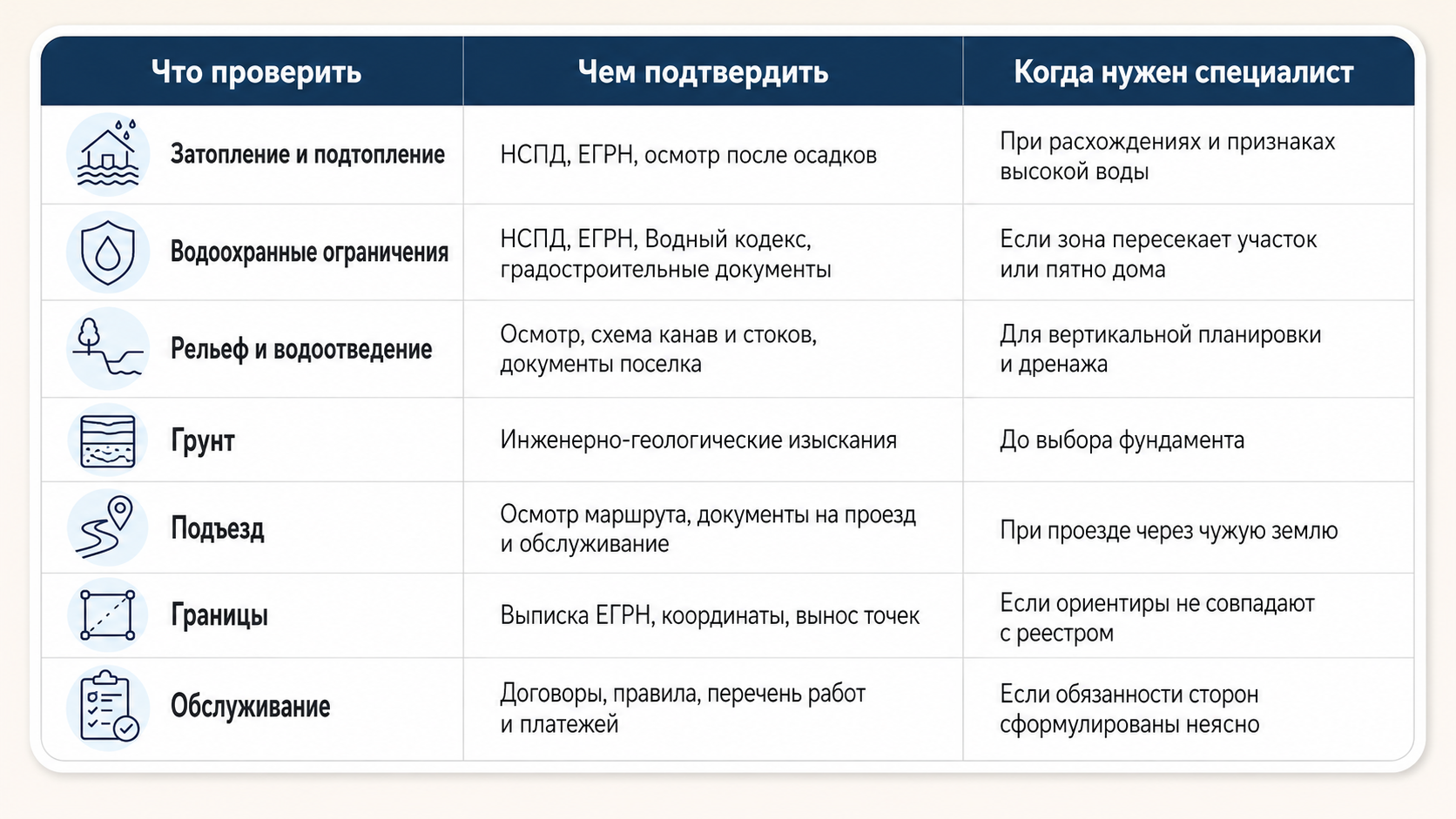 затопление и подтопление, водоохранные ограничения, рельеф и водоотведение, грунт, подъезд, границы, обслуживание