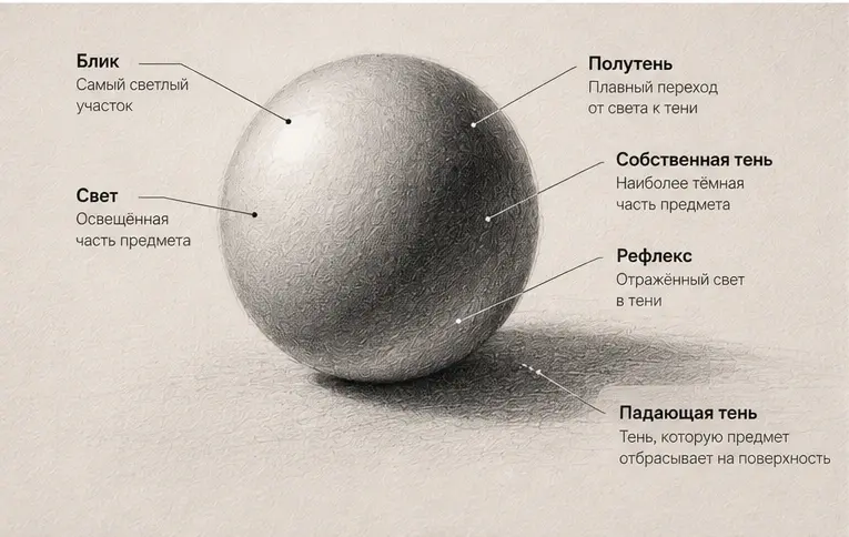 Штриховка шара с передачей света, тени и рефлекса