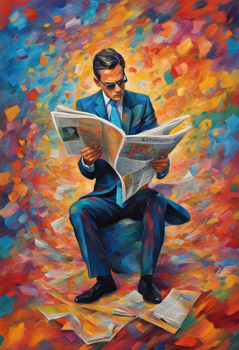 a man wearing a suit and reading a newspaper, psychedelic chaos swirling color, vivid, vibrant, quirky, impasto technique --ar 2:3 --model sdxl