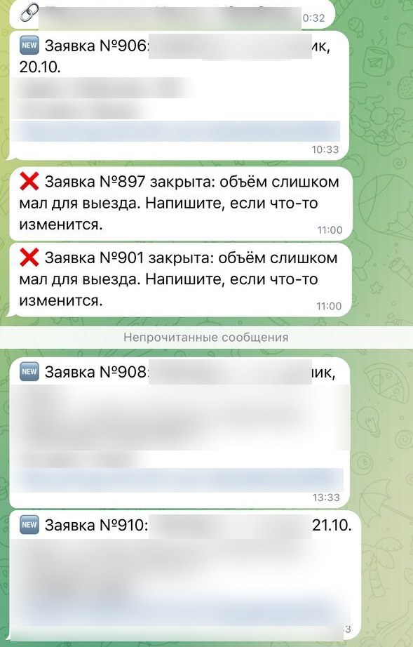 Что видит владелец: заявки постоянных клиентов с датой и адресом