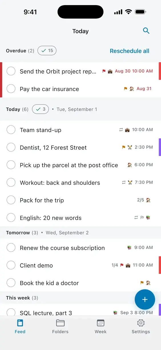 Just Plan day feed: overdue, today, tomorrow