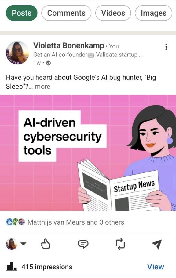 Example of a startup news post on LinkedIn, posted via RSS with a link to the article