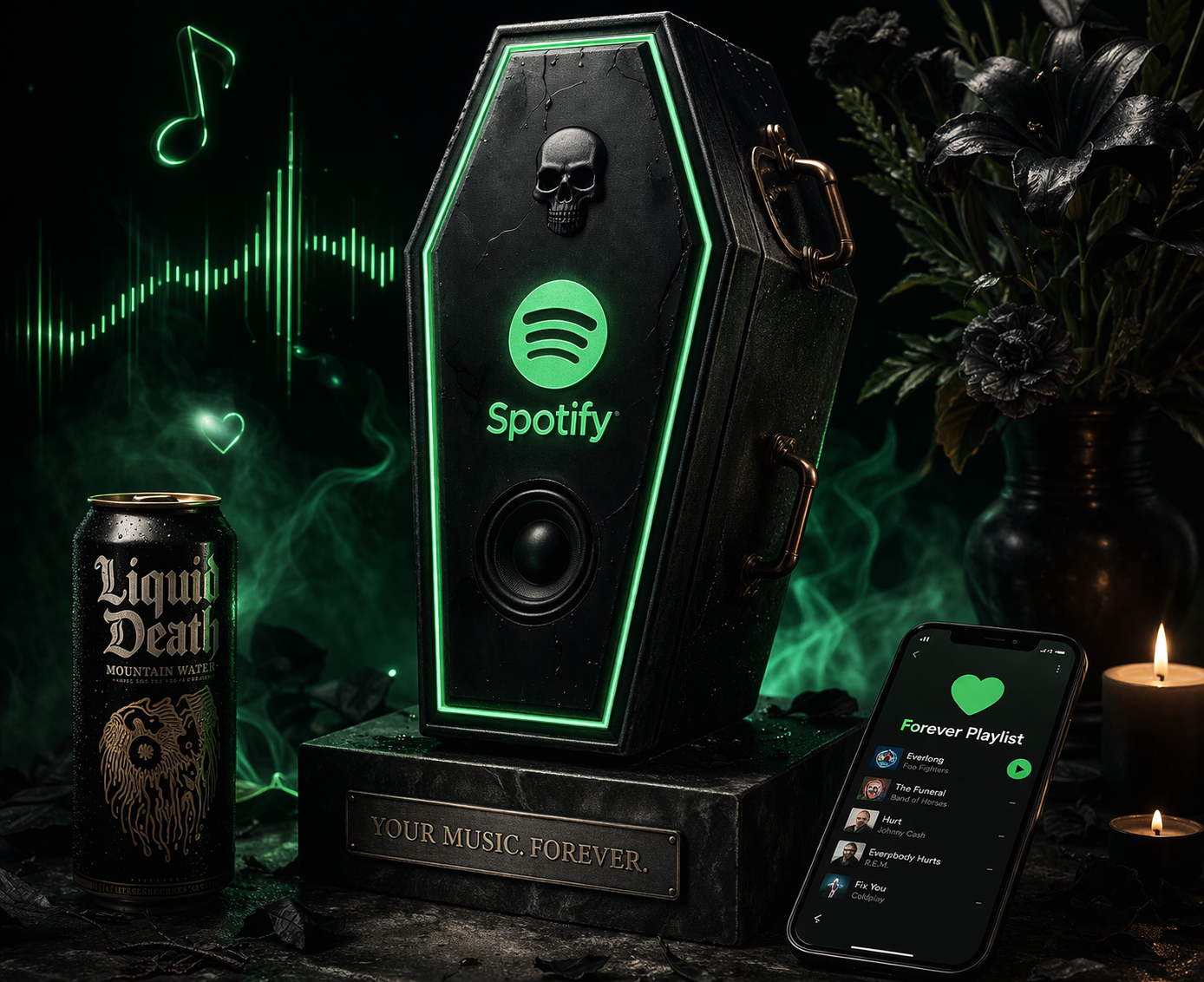 Spotify и Liquid Death выпустили урну-колонку: как бренды аккуратно тестируют границы черного юмора