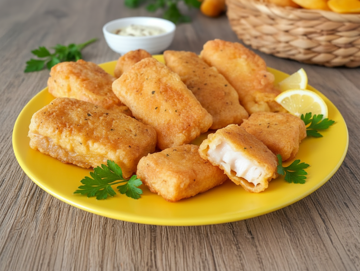 Золотистые кусочки рыбы в хрустящем кляре на тарелке с дольками лимона и зеленью.