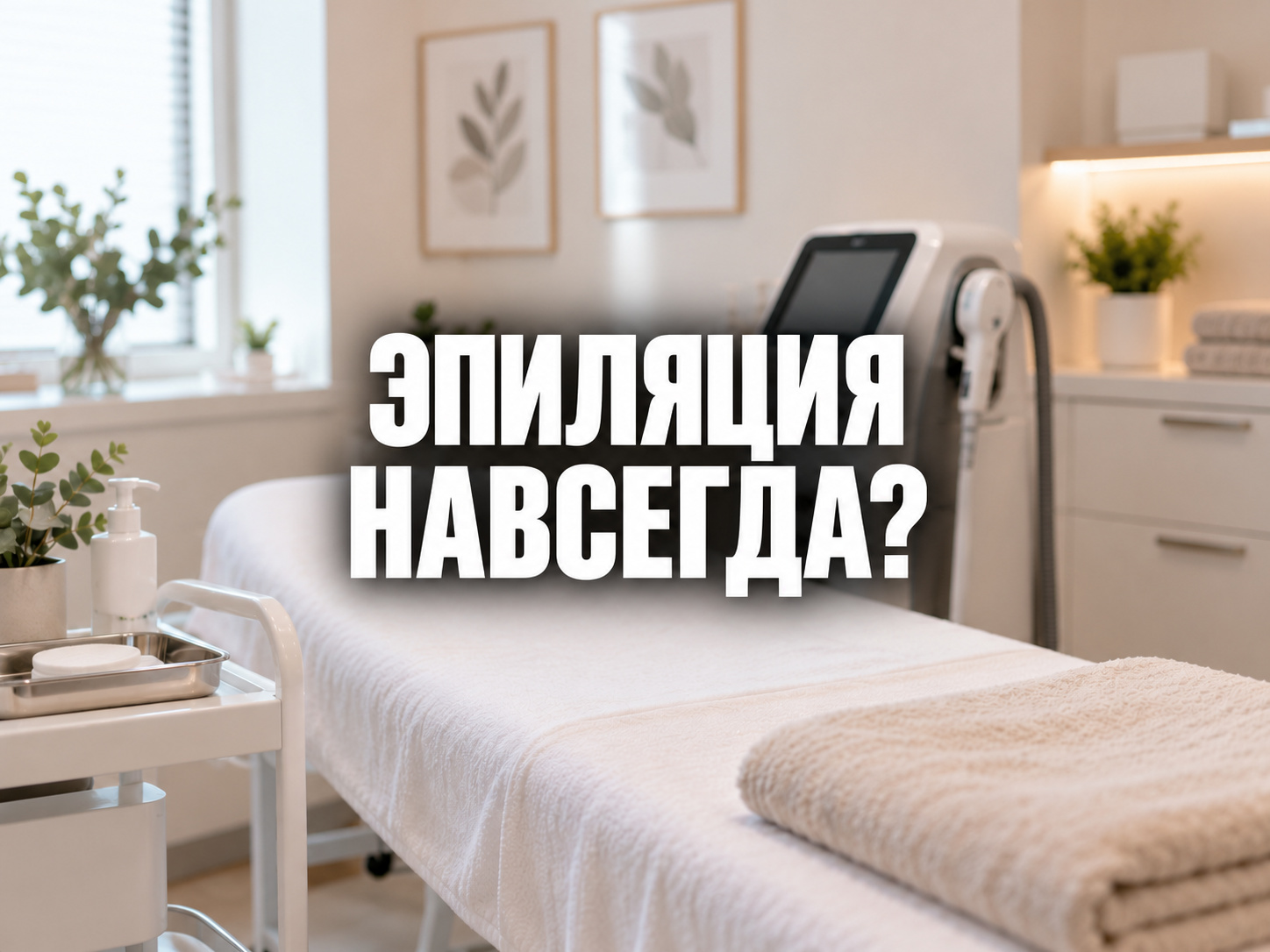 Превью с вопросом «Эпиляция навсегда?» на фоне светлого кабинета косметологии; по центру фраза «ЭПИЛЯЦИЯ НАВСЕГДА?»