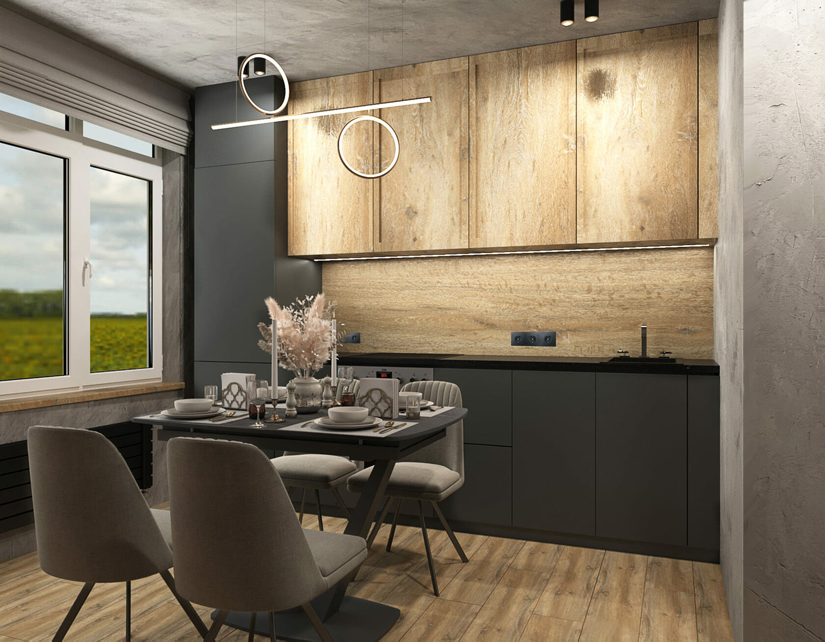 дизайн серой кухни в стиле лофт с деревянными шкафами, деревянным фартуком и столешницей, плиткой под дерево