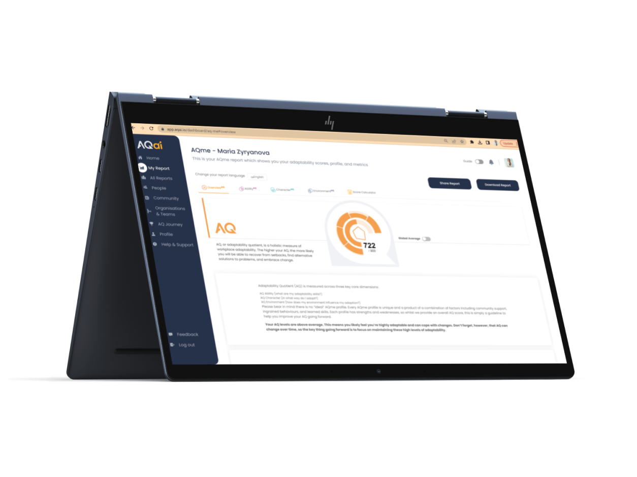 Mockup with Assessment Platform example for website of AQ (Adaptability Quotient) Institute.