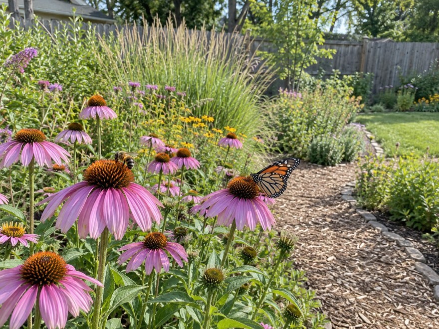 Pollinators on native wildflowers in a yard planted instead of grass lawn