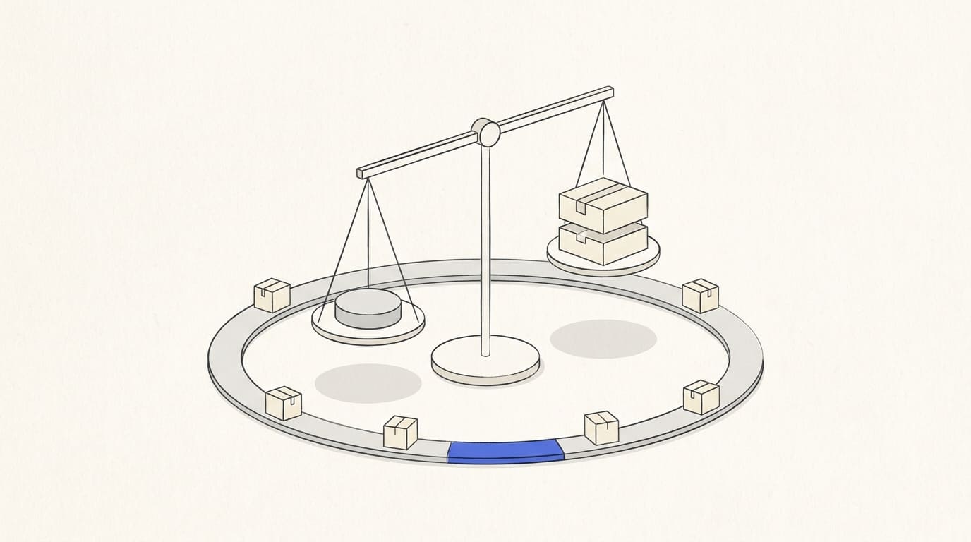 Parcels move along a circular track around a scale holding an expense disc and a layered parcel.