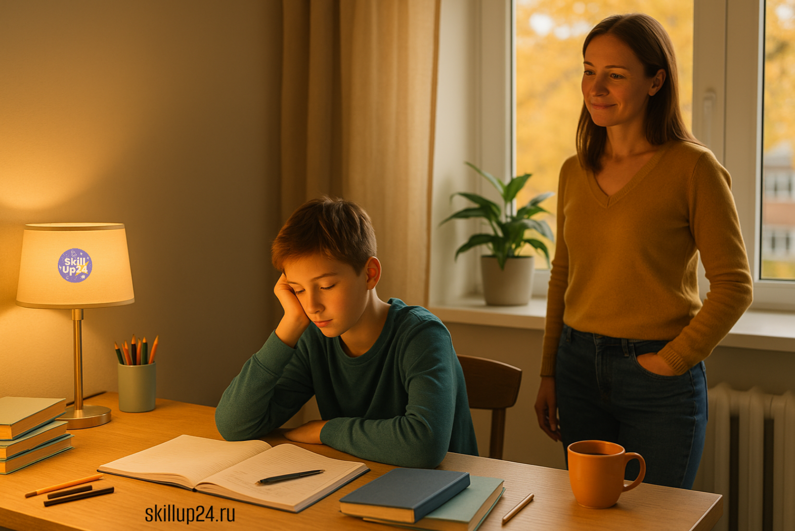 Ребёнок 10–13 лет сидит за столом с учебниками и тетрадями, выглядит уставшим, рядом родитель поддерживающе наблюдает на расстоянии, тёплая домашняя обстановка и мягкий осенний свет, подготовка к учёбе с онлайн-школой SkillUp24