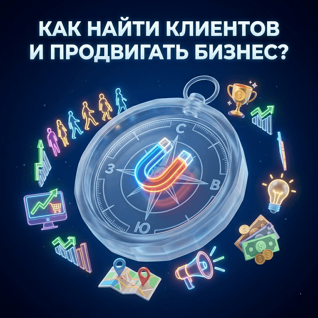 Как найти клиентов и продвигать бизнес: объемный 3D-компас с неоновым магнитом и белым текстом на темно-синем фоне.