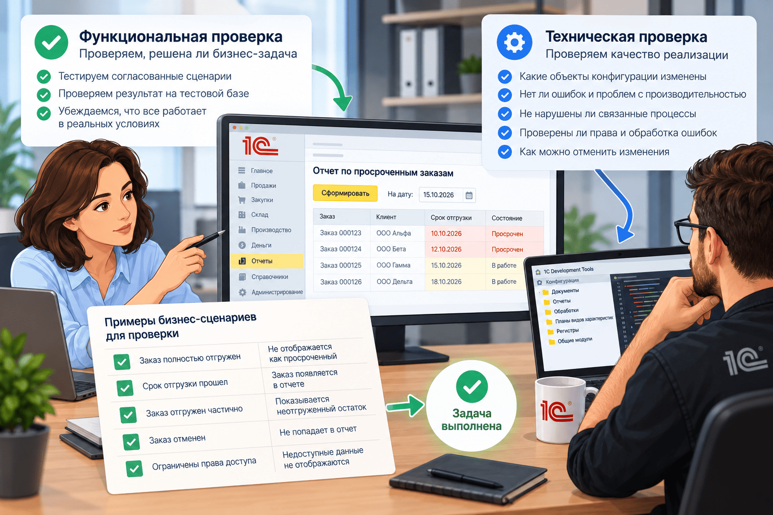Как проверить работу программиста 1С без знания кода: функциональное тестирование бизнес-сценариев, проверка отчета по заказам и технический контроль качества разработки.