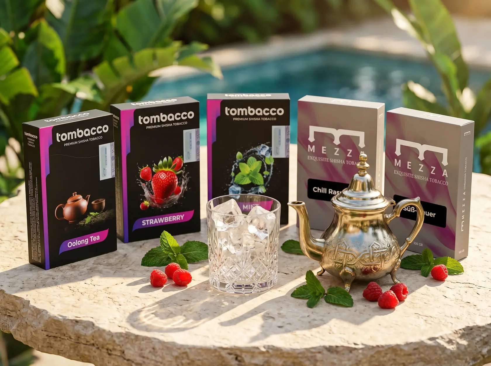 The curated Moroccan Tea on the Rocks blend featuring Tombacco and Mezza tobacco, perfectly prepared for your next shisha delivery in Bali.