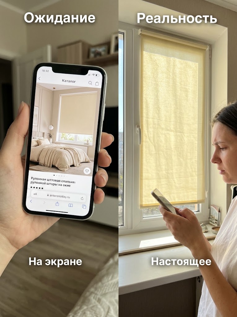 Рука мастера прикладывает веер образцов ткани к залитому солнцем окну и обоям