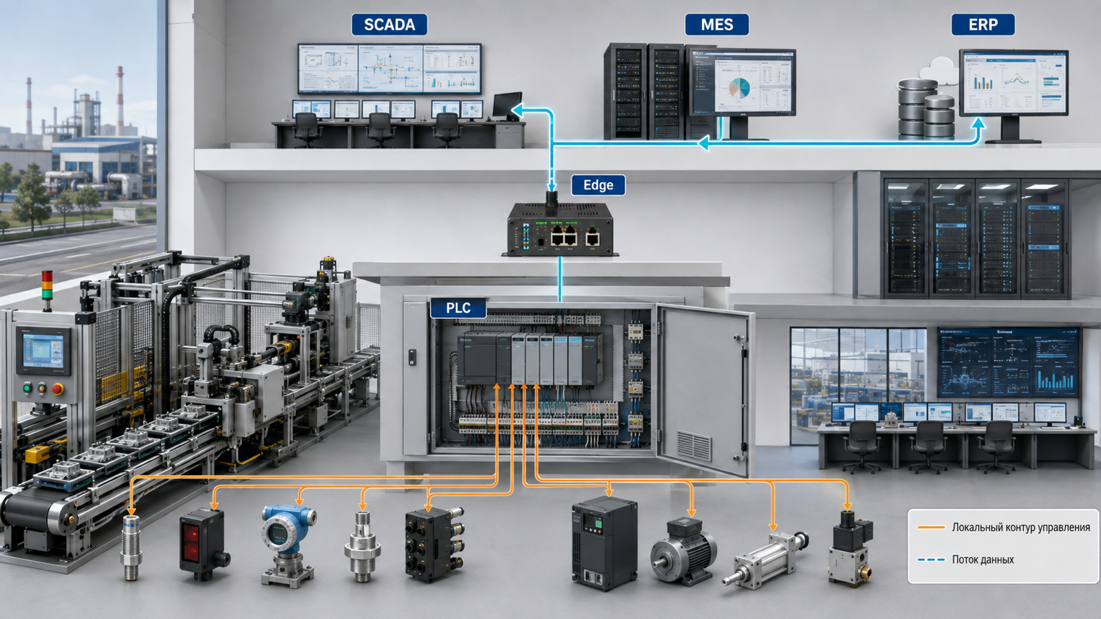 Архитектура промышленного IoT от датчиков и ПЛК до SCADA, MES и ERP