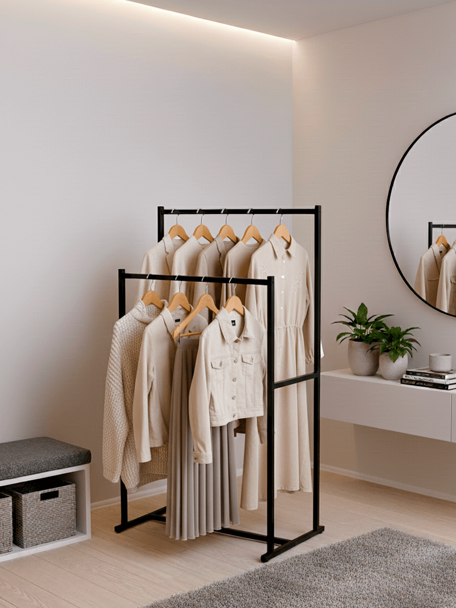 Стойки для одежды (рейлы) из металла для торговых залов и бутиков.