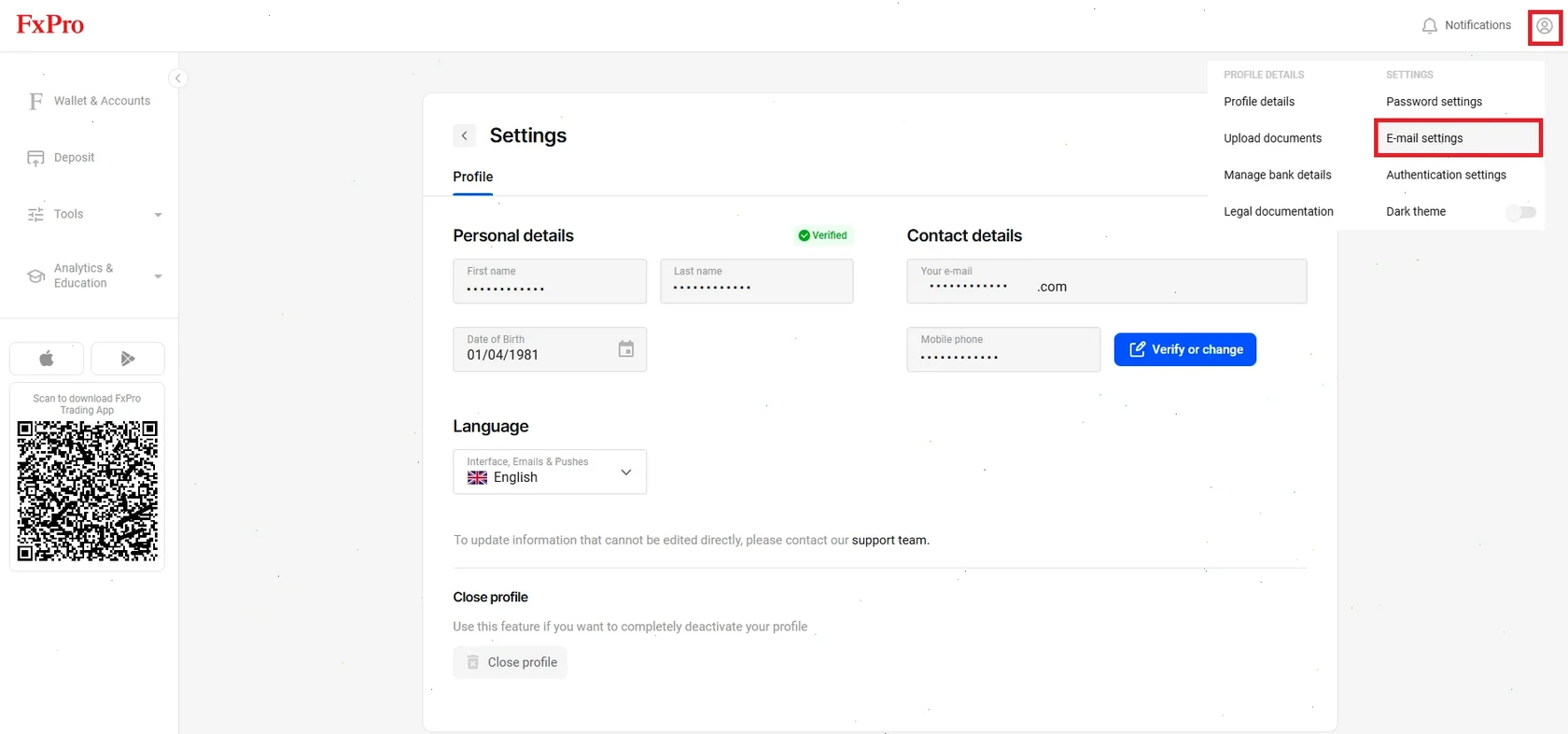 change email on FxPro
