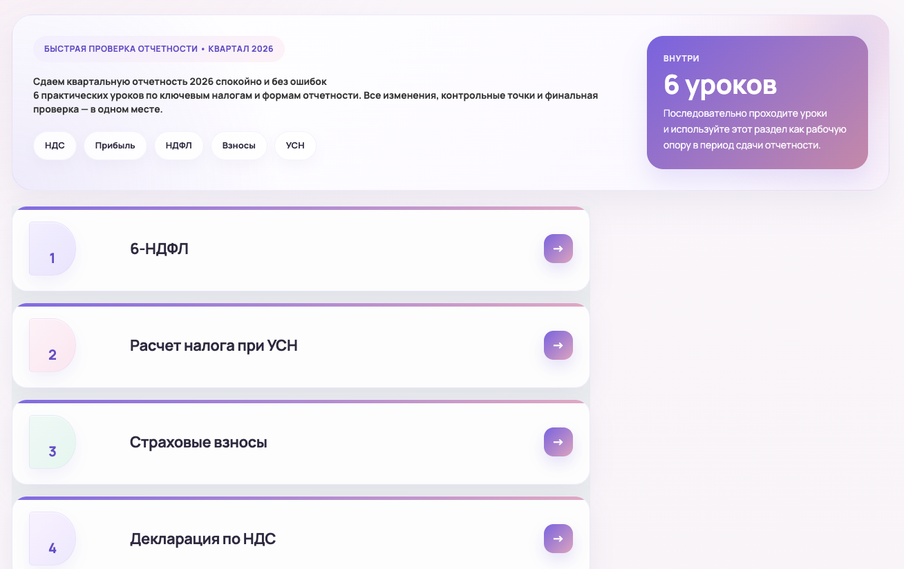 Фрагмент списка уроков тренинга: 6-НДФЛ, УСН, страховые взносы и декларация по НДС.