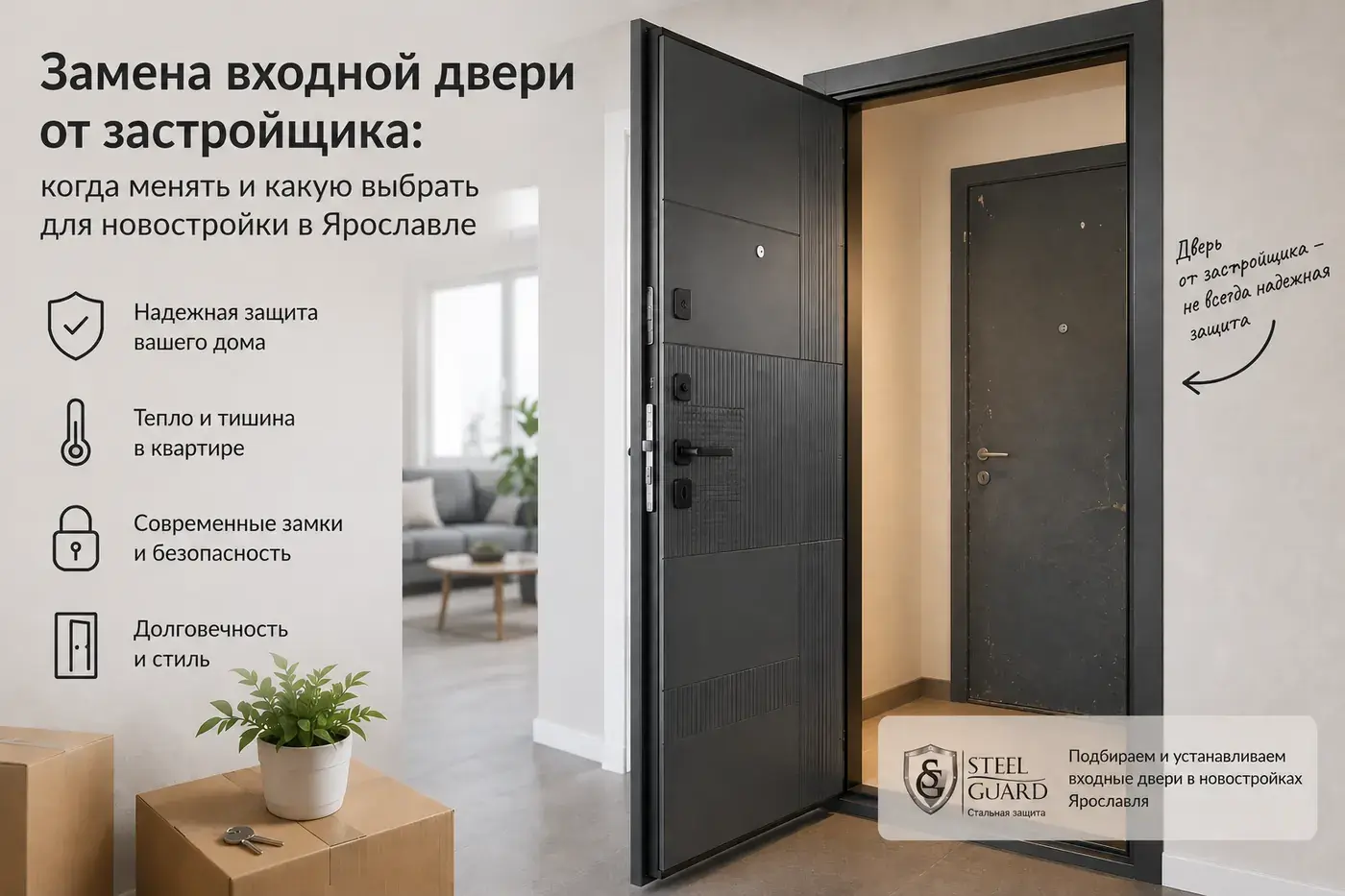 Иллюстрация к статье: замена входной двери от застройщика: когда менять и какую выбрать для новостройки в Ярославле.